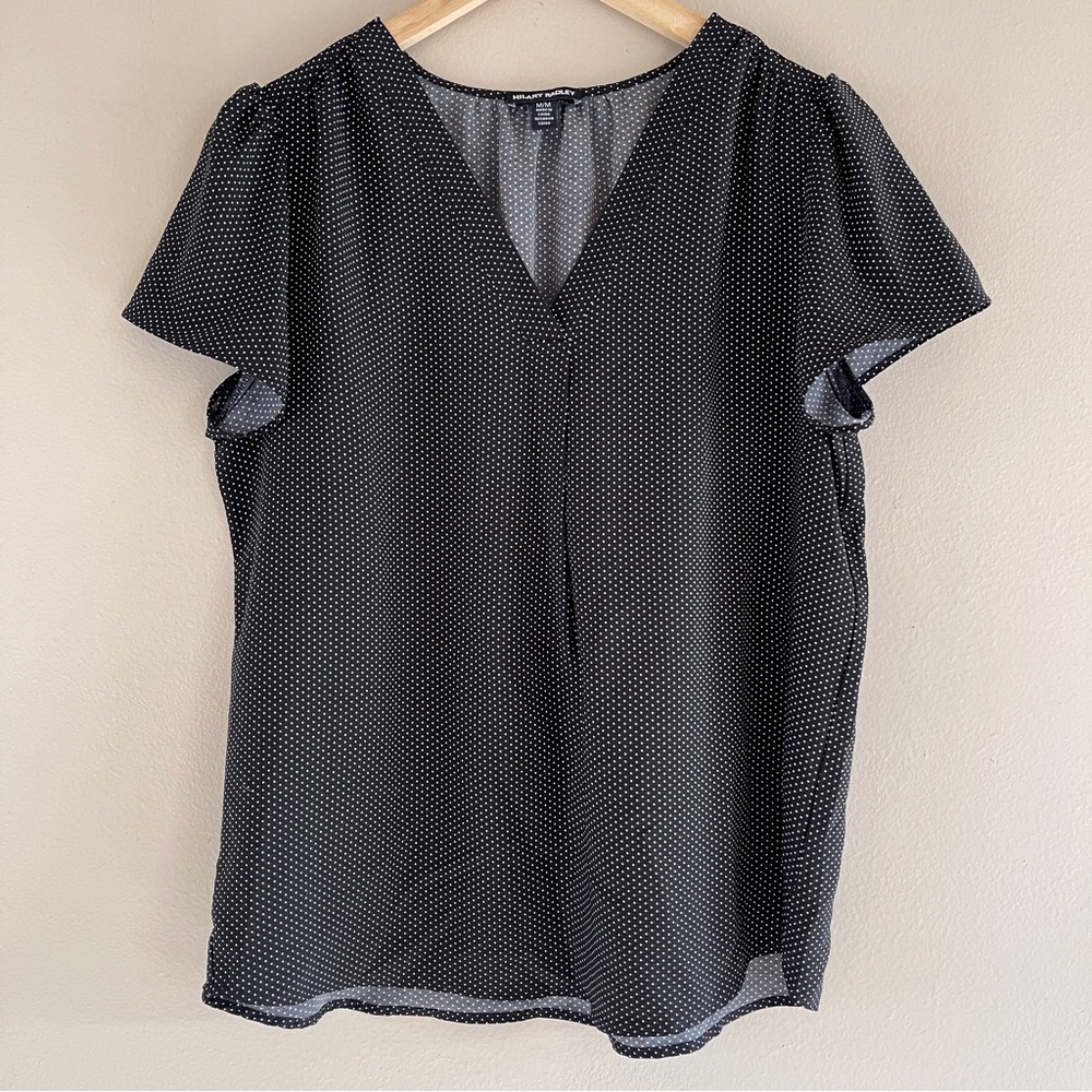 Hilary Radley Womens V-Neck Printed Blouse Black & White dot (Medium)